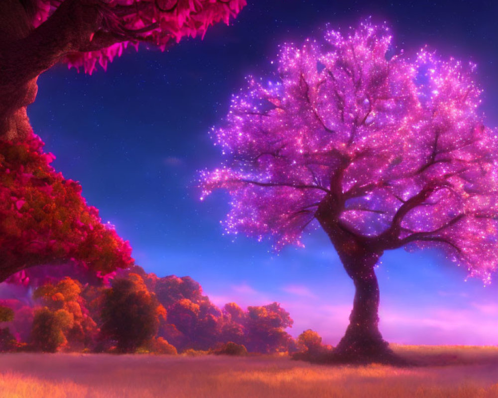 Vibrant fantasy landscape: pink trees, starry sky