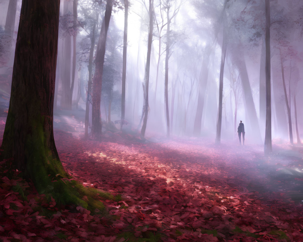 Solitary figure in mystical forest with tall trees and red leaves