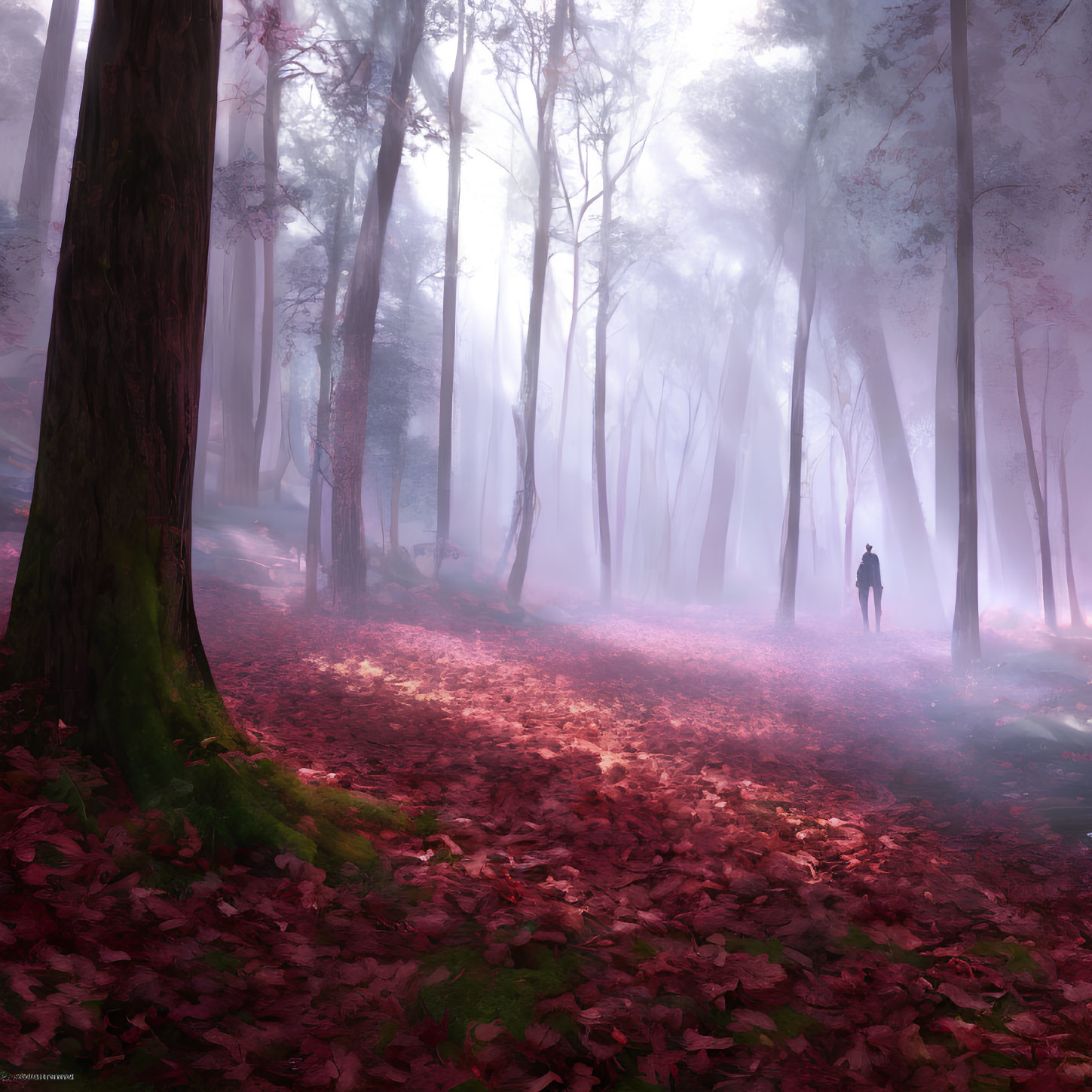 Solitary figure in mystical forest with tall trees and red leaves