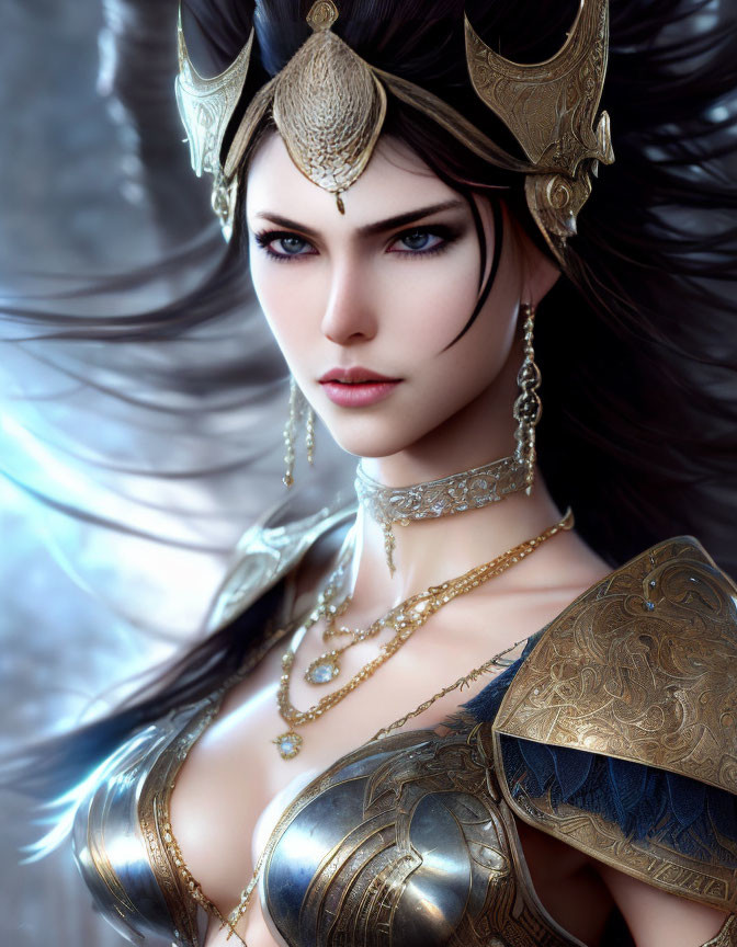 Detailed Fantasy Female Warrior in Golden Armor with Blue Eyes