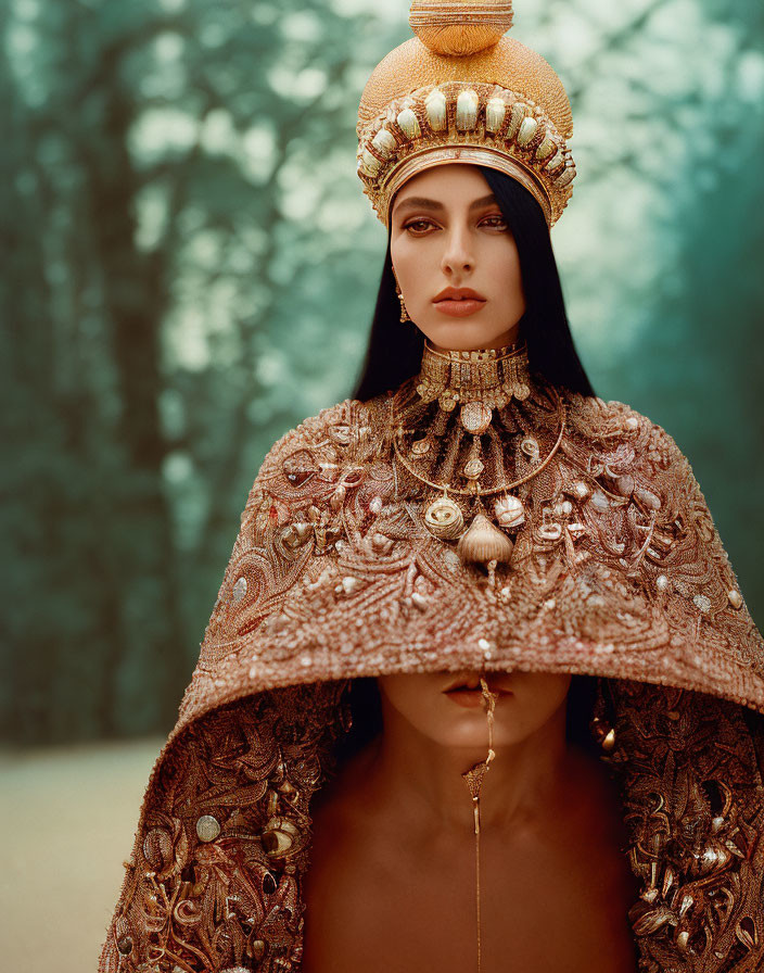 Regal woman in gold headdress and jeweled cape against forest backdrop