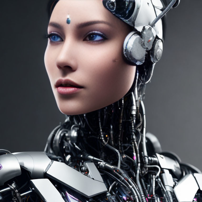 Realistic Female Humanoid Robot Portrait with Blue Eyes