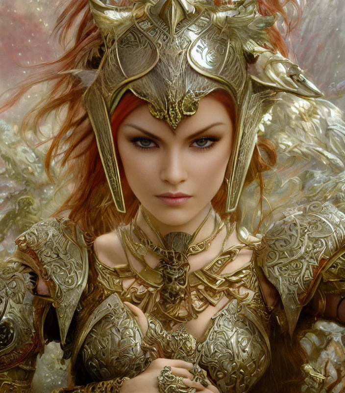 Woman in Golden Armor with Intricate Helmet and Striking Eyes