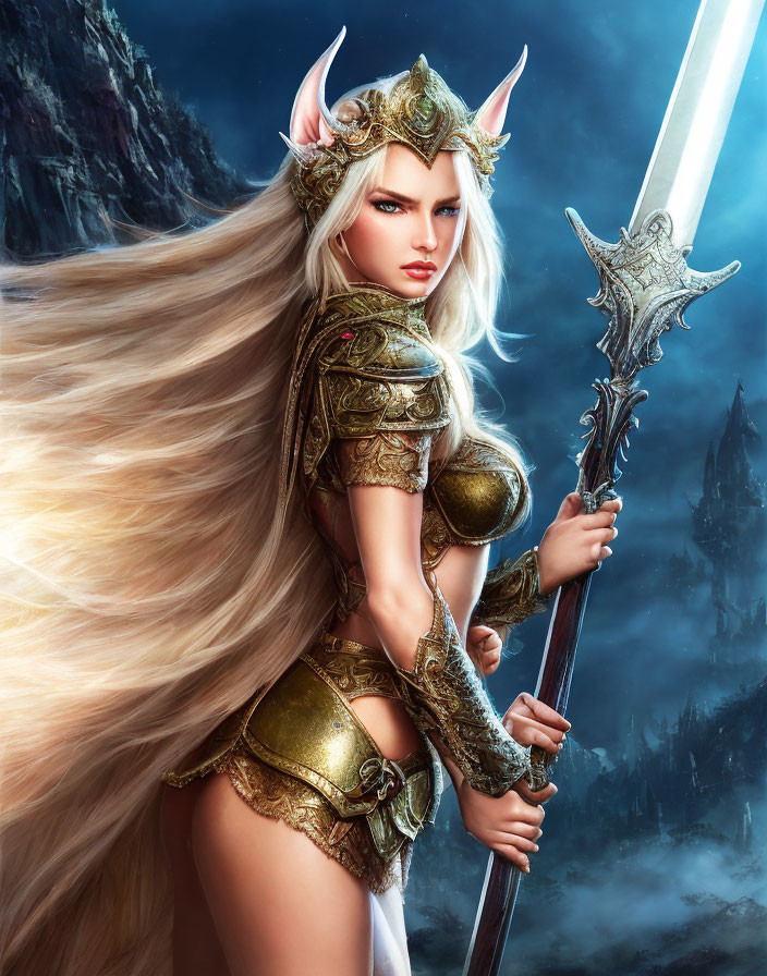 Blonde female warrior in ornate armor wields glowing sword