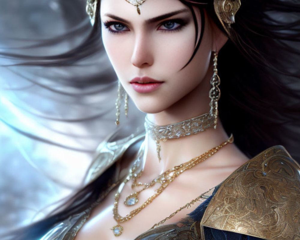 Detailed Fantasy Female Warrior in Golden Armor with Blue Eyes