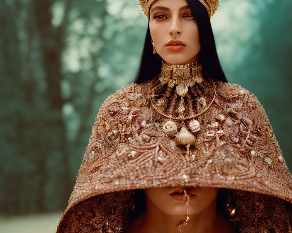 Regal woman in gold headdress and jeweled cape against forest backdrop