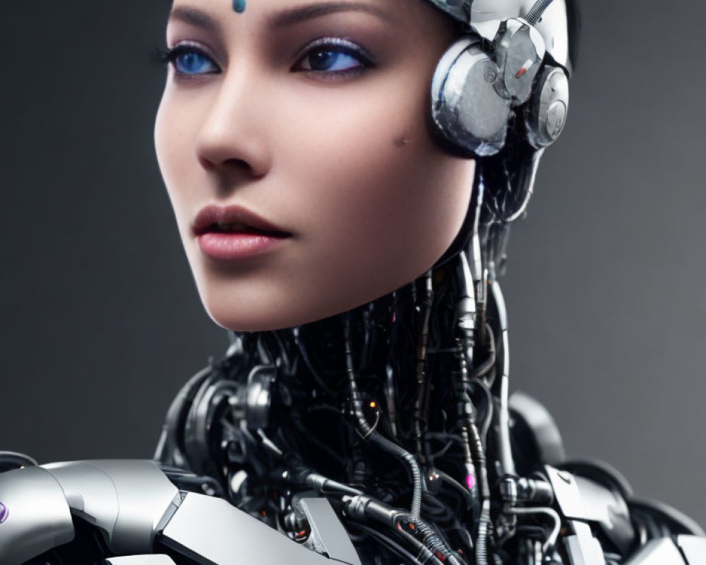 Realistic Female Humanoid Robot Portrait with Blue Eyes