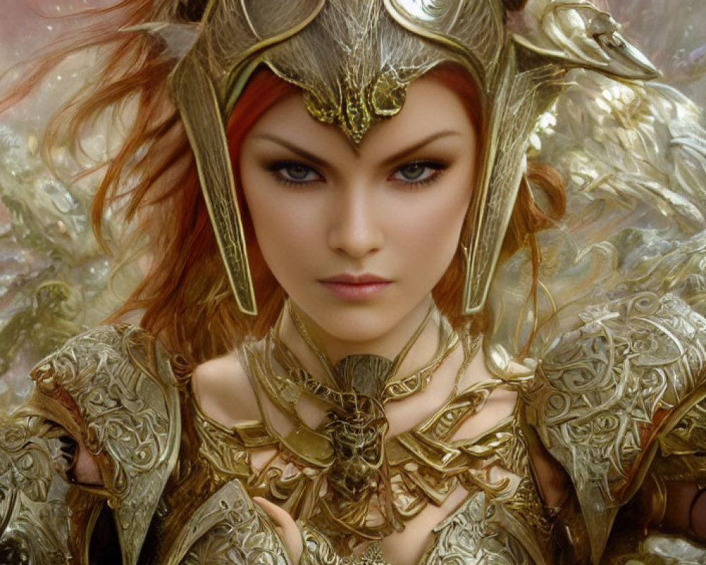 Woman in Golden Armor with Intricate Helmet and Striking Eyes