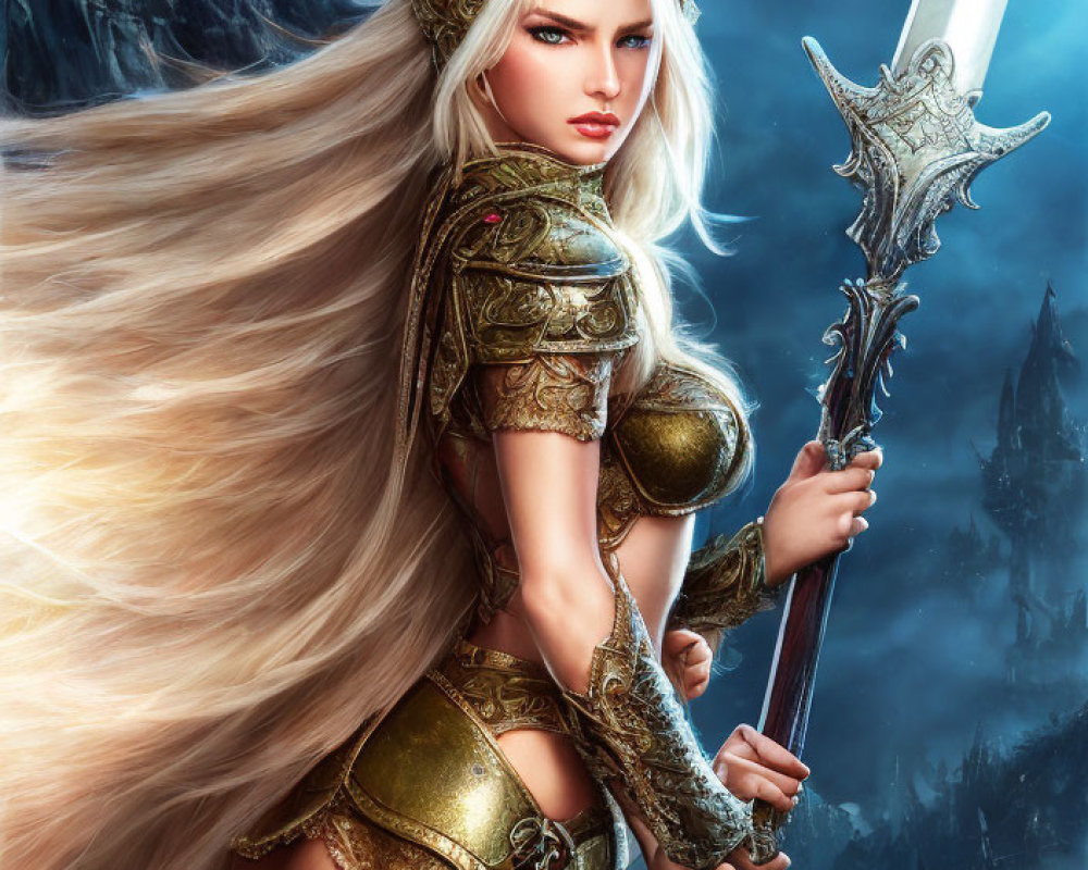 Blonde female warrior in ornate armor wields glowing sword