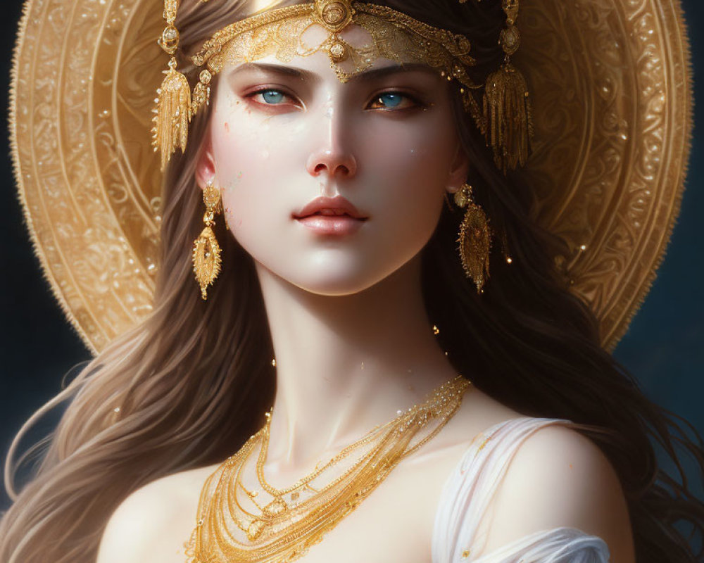 Illustrated woman with blue eyes and golden adornments on celestial background