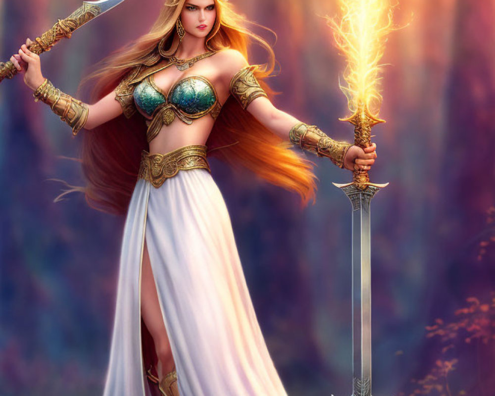 Fantasy warrior woman with glowing staff and sword in mystical forest