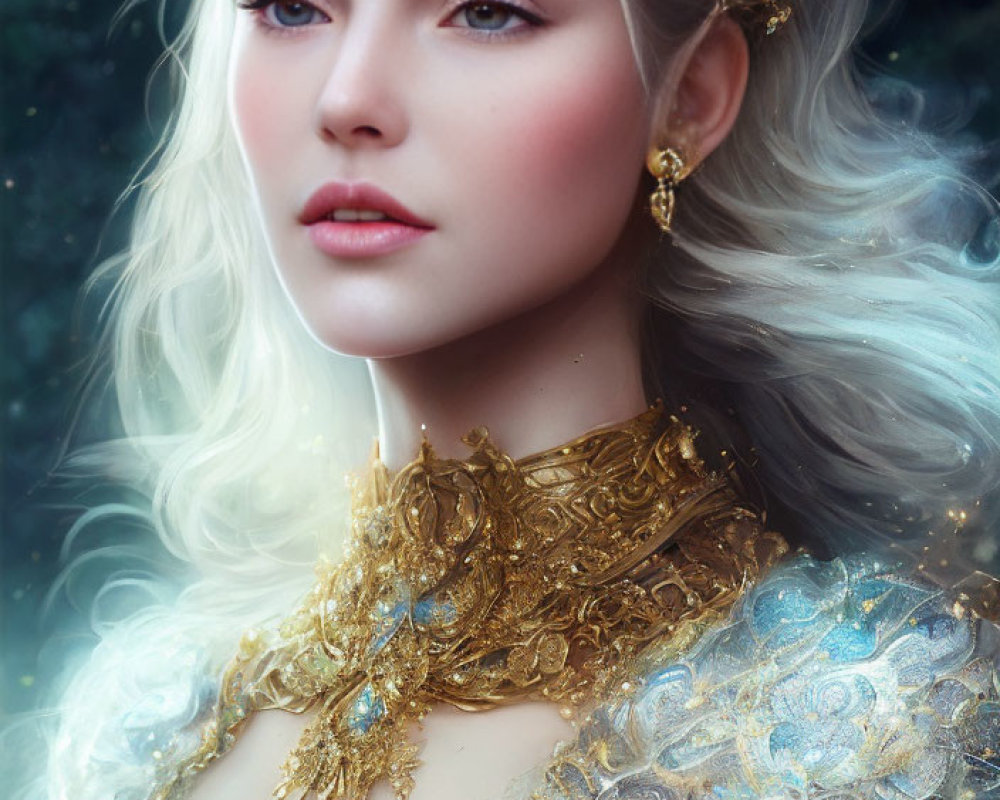 Regal woman portrait with golden crown and jewelry