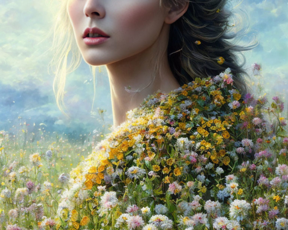 Fair-skinned woman with light hair and floral adornments in dreamy meadow setting