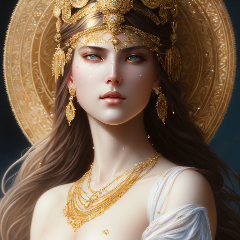 Illustrated woman with blue eyes and golden adornments on celestial background