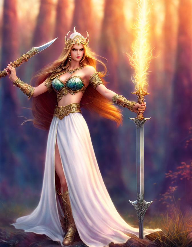 Fantasy warrior woman with glowing staff and sword in mystical forest