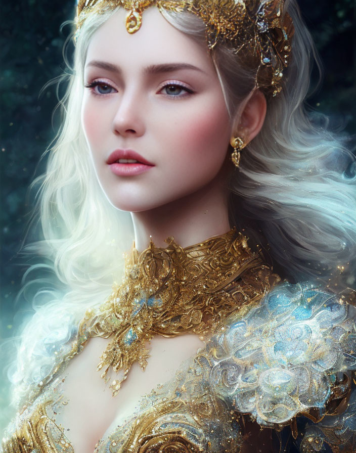 Regal woman portrait with golden crown and jewelry