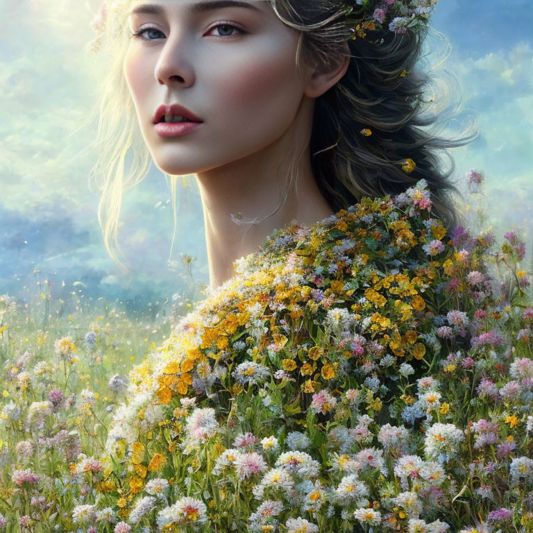 Fair-skinned woman with light hair and floral adornments in dreamy meadow setting