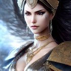 Detailed Fantasy Female Warrior in Golden Armor with Blue Eyes