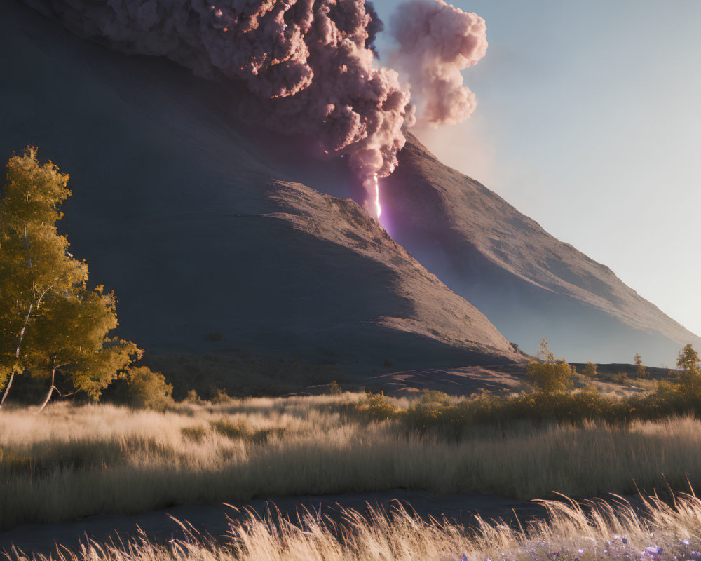 Volcanic eruption with ash plume and glowing lava at dusk among wildflowers and trees.