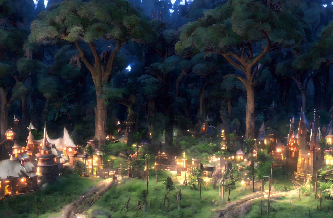 Glowing lights in enchanted forest village at twilight