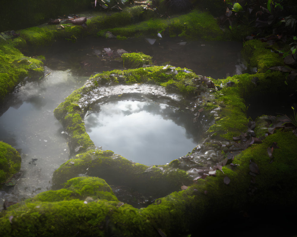 Tranquil forest pond with green moss, sunlight reflections