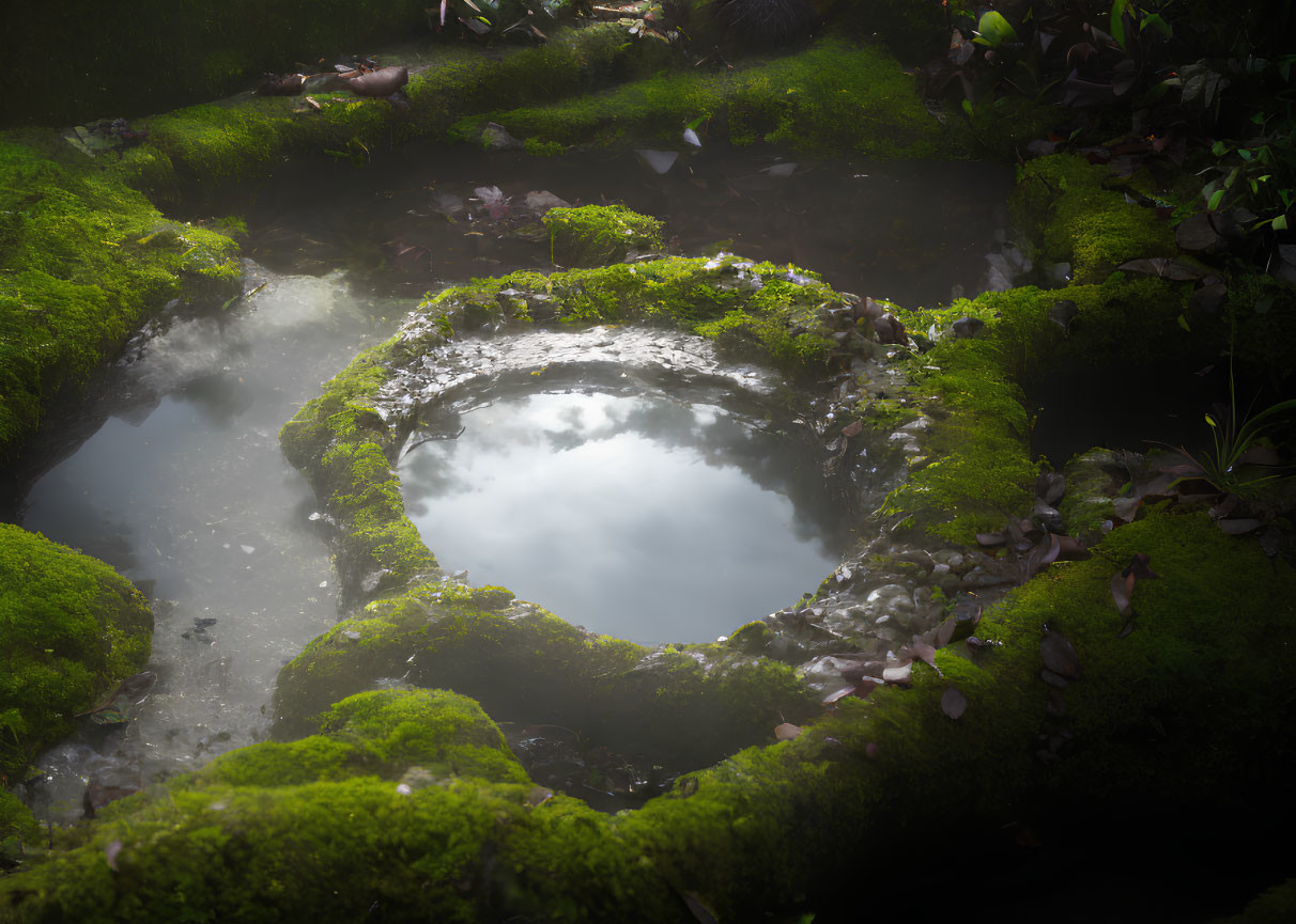 Tranquil forest pond with green moss, sunlight reflections