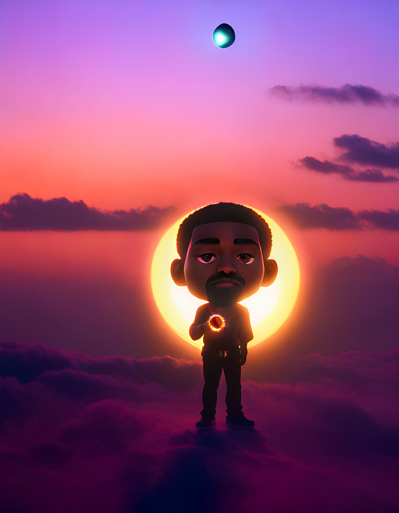 Surreal sunset scene with animated character on clouds