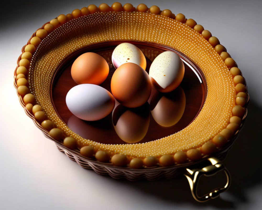 Colorful eggs in patterned ceramic bowl with gold rim on reflective surface