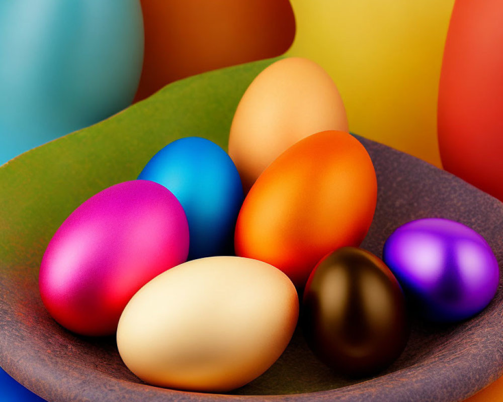 Vibrant Multicolored Easter Eggs on Plate with Blue, Orange, and Yellow Backdrop