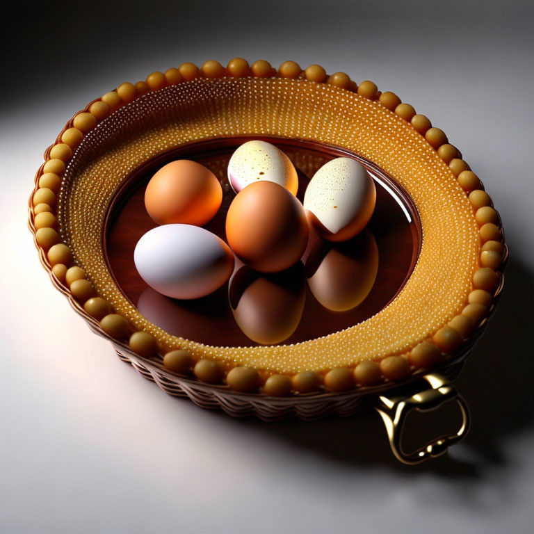 Colorful eggs in patterned ceramic bowl with gold rim on reflective surface