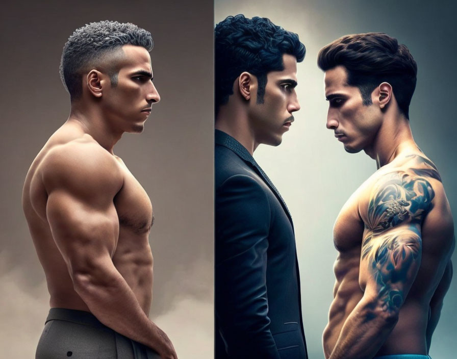 Muscular shirtless man and suited man facing each other.