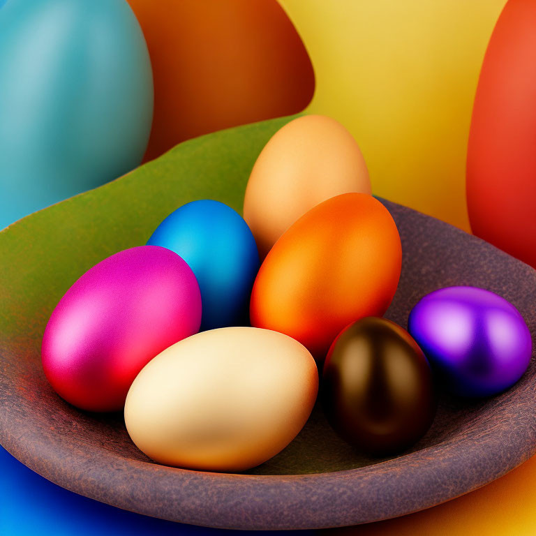 Vibrant Multicolored Easter Eggs on Plate with Blue, Orange, and Yellow Backdrop