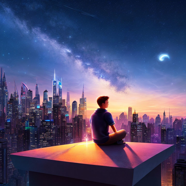 Person admires sunset cityscape from high building at night