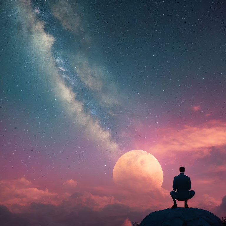 Person sitting on rock under vivid Milky Way and large moon.