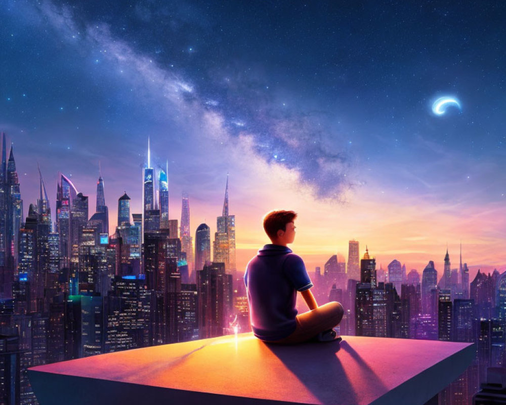 Person admires sunset cityscape from high building at night