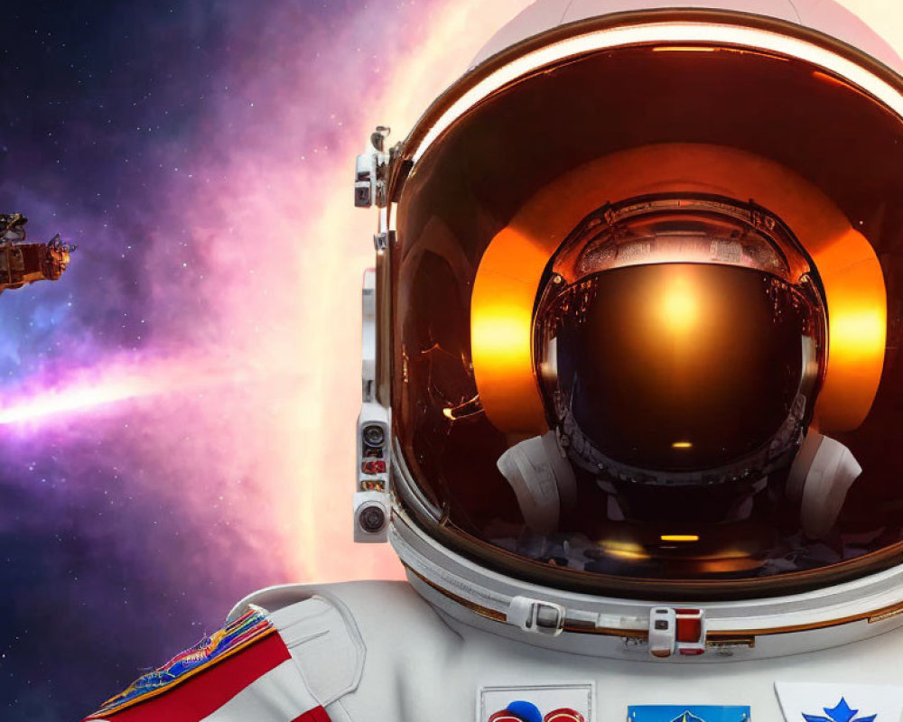 Astronaut in white space suit with mission patches in cosmic backdrop.