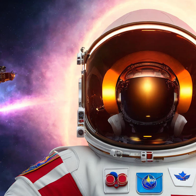 Astronaut in white space suit with mission patches in cosmic backdrop.