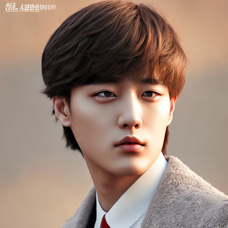 Young man with wavy brown hair in grey coat with red collar detail