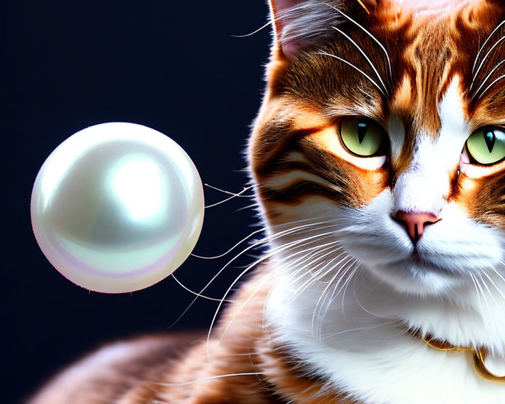 Ginger and White Cat with Green Eyes and Floating Pearl on Dark Background