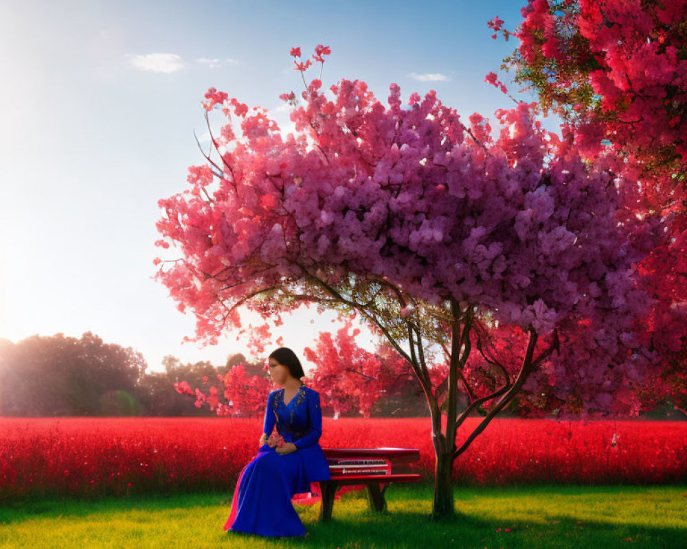 Woman in Blue Dress on Park Bench Under Pink Tree and Red Flower Field