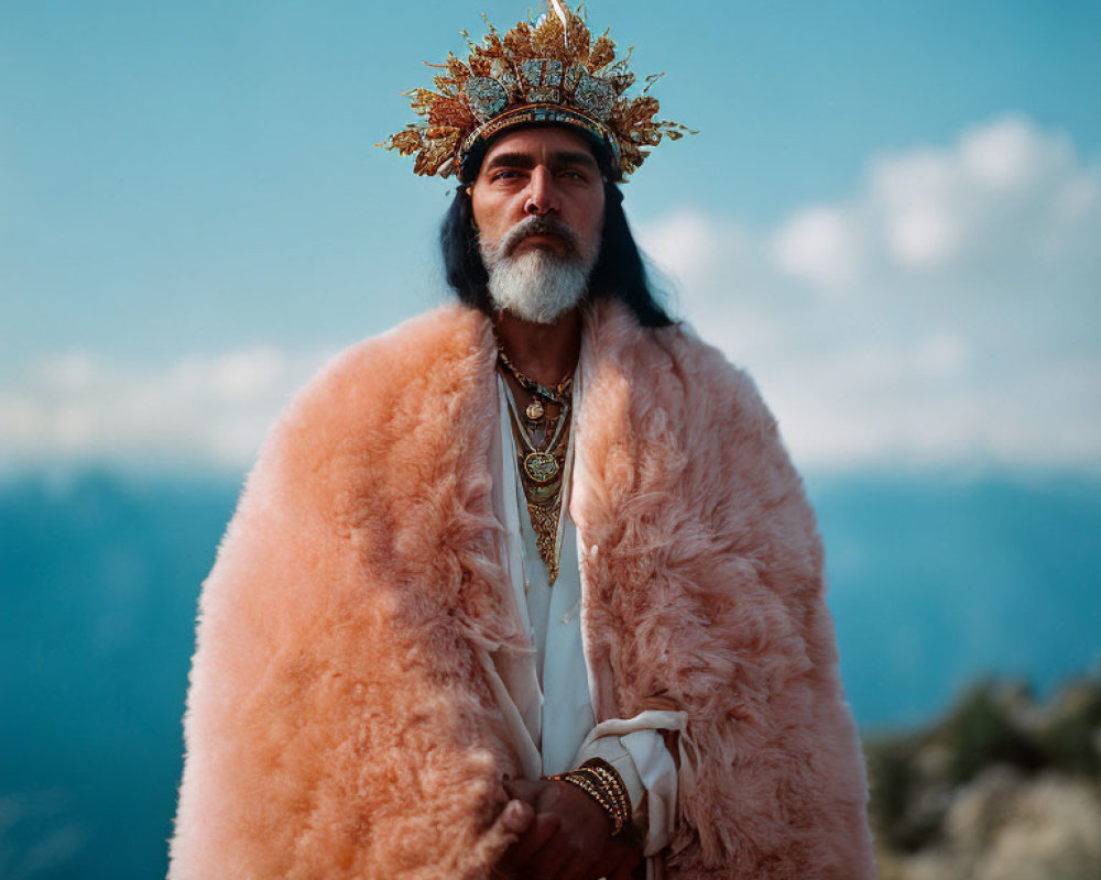 Bearded figure in crown and robe against blue sky