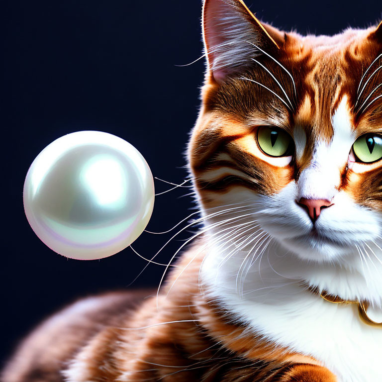 Ginger and White Cat with Green Eyes and Floating Pearl on Dark Background