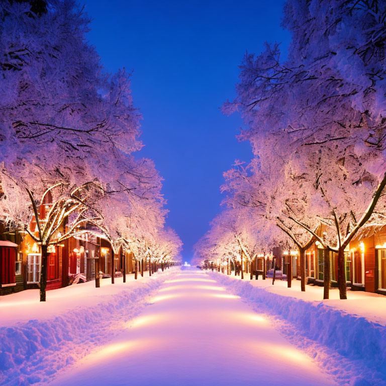 Snow-covered avenue with frosted trees and warm lights