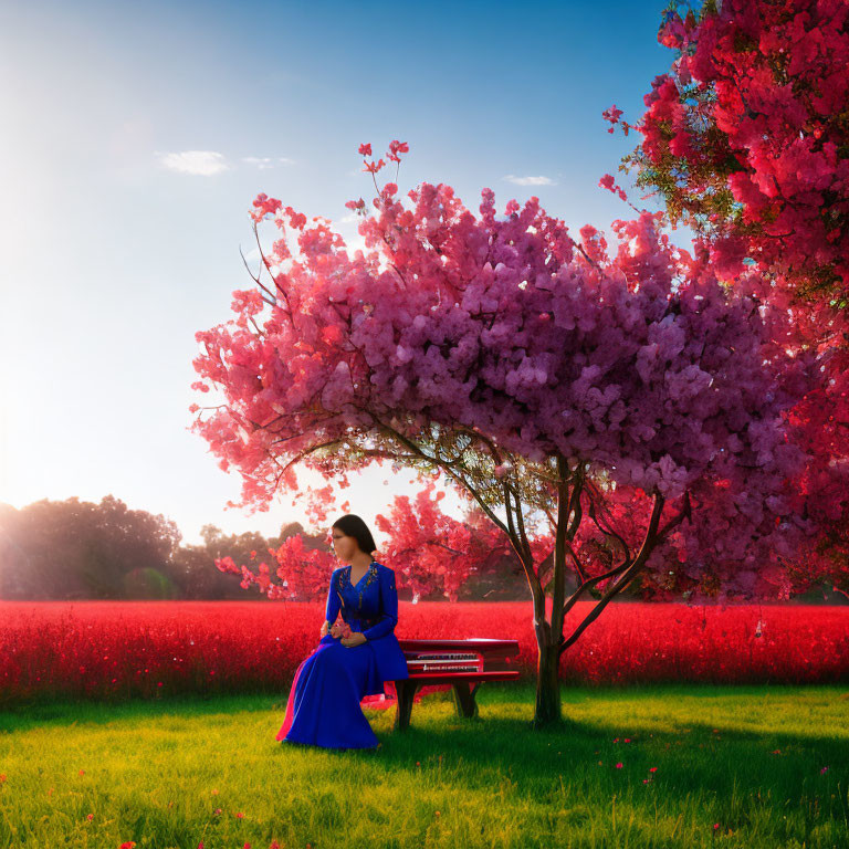 Woman in Blue Dress on Park Bench Under Pink Tree and Red Flower Field