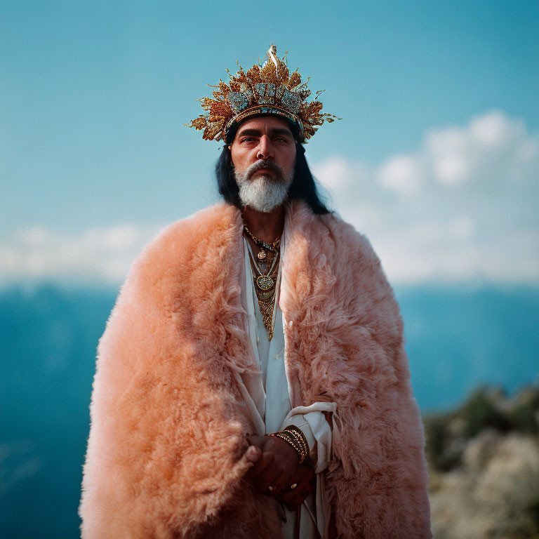 Bearded figure in crown and robe against blue sky