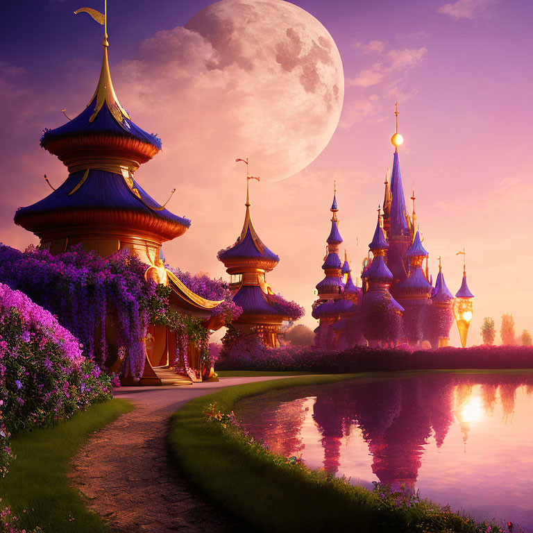 Purple-Roofed Castles by Serene Lake at Moonlit Twilight