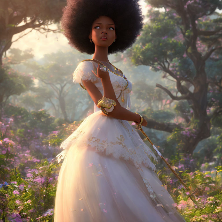 Regal woman with large afro in sunlit forest with sword