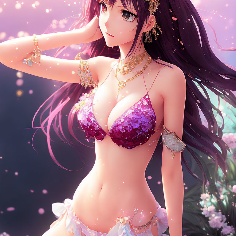 Dark-haired anime girl in purple bikini on pink floral backdrop