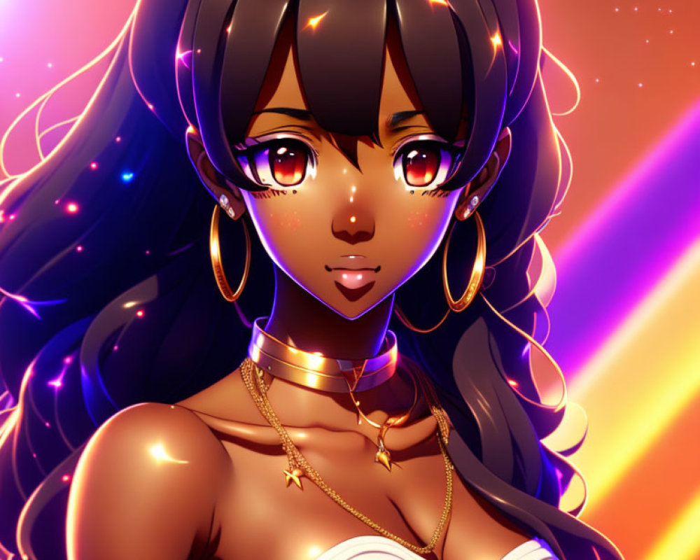 Brown-skinned anime character with amber eyes and starry hair in vibrant scene