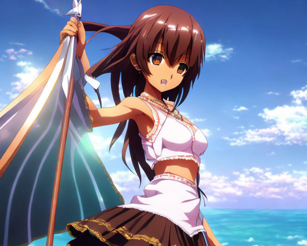 Anime girl with long brown hair holding paper umbrella by blue sea